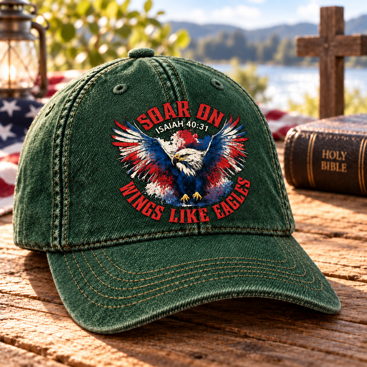 Isaiah 40:31 Christian Denim Cap, Soar on Wings Like Eagles Hat, Bald Eagle Faith Cap, Patriotic Christian Hat, Bible Verse Gift