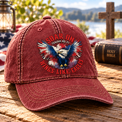 Isaiah 40:31 Christian Denim Cap, Soar on Wings Like Eagles Hat, Bald Eagle Faith Cap, Patriotic Christian Hat, Bible Verse Gift