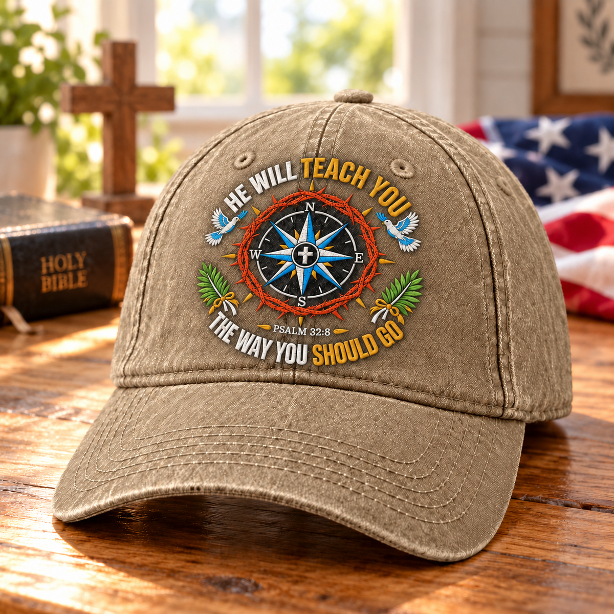 Psalm 32:8 Christian Denim Cap, He Will Teach You The Way Hat, Compass Bible Verse Cap, Faith Christian Hat, Gift for Believers