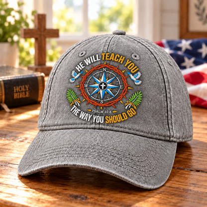 Psalm 32:8 Christian Denim Cap, He Will Teach You The Way Hat, Compass Bible Verse Cap, Faith Christian Hat, Gift for Believers