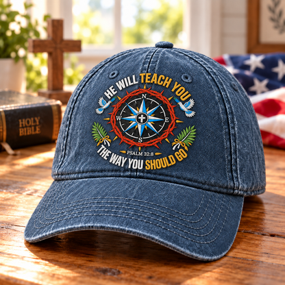 Psalm 32:8 Christian Denim Cap, He Will Teach You The Way Hat, Compass Bible Verse Cap, Faith Christian Hat, Gift for Believers