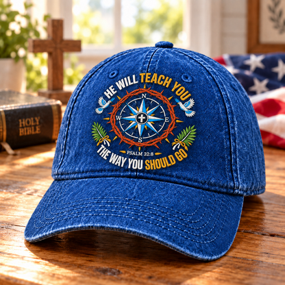 Psalm 32:8 Christian Denim Cap, He Will Teach You The Way Hat, Compass Bible Verse Cap, Faith Christian Hat, Gift for Believers
