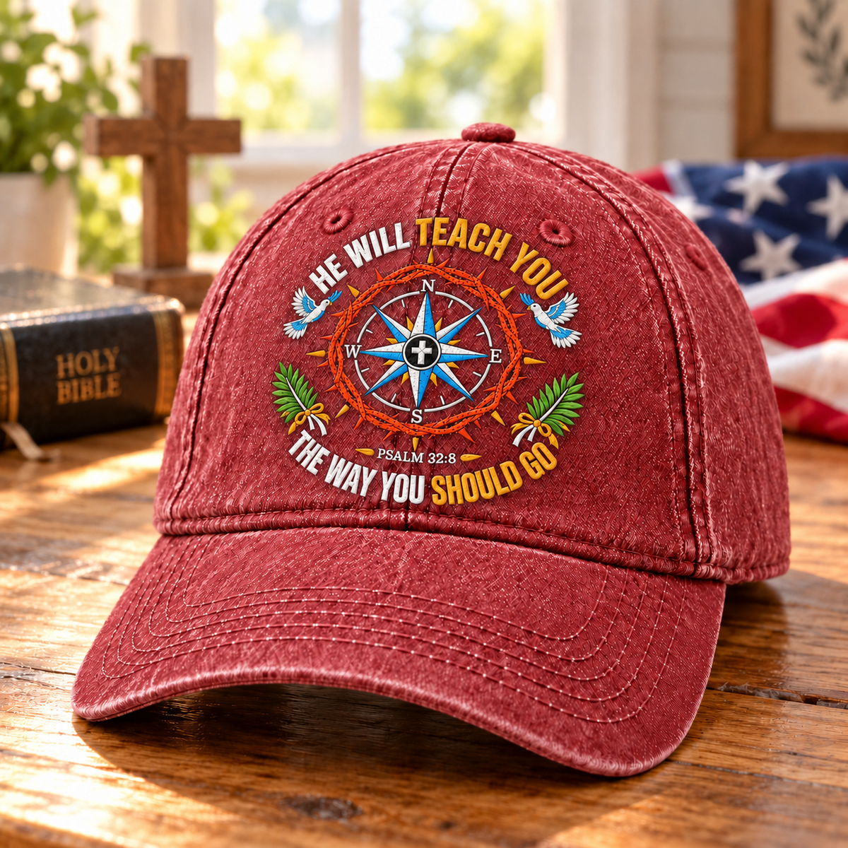 Psalm 32:8 Christian Denim Cap, He Will Teach You The Way Hat, Compass Bible Verse Cap, Faith Christian Hat, Gift for Believers