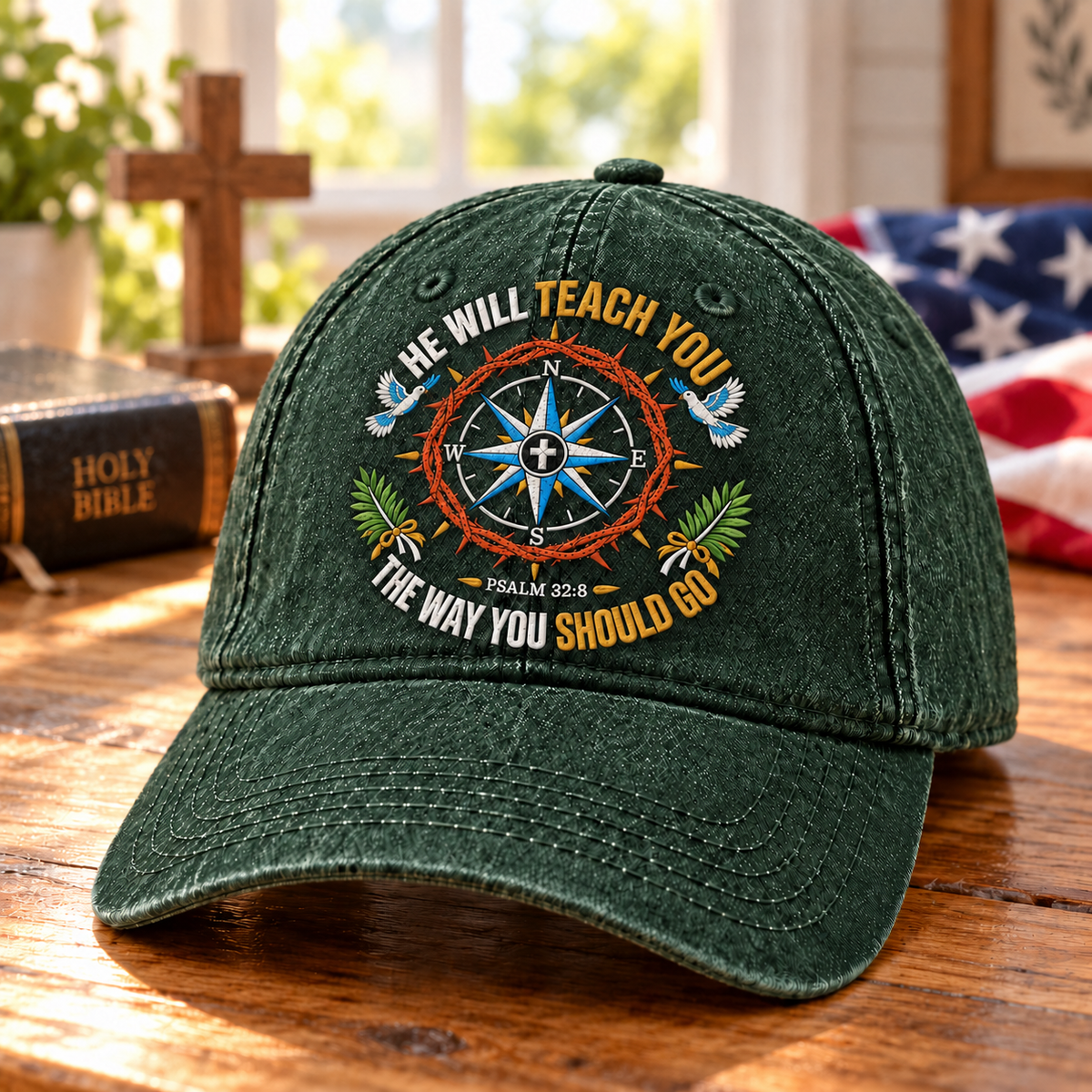 Psalm 32:8 Christian Denim Cap, He Will Teach You The Way Hat, Compass Bible Verse Cap, Faith Christian Hat, Gift for Believers