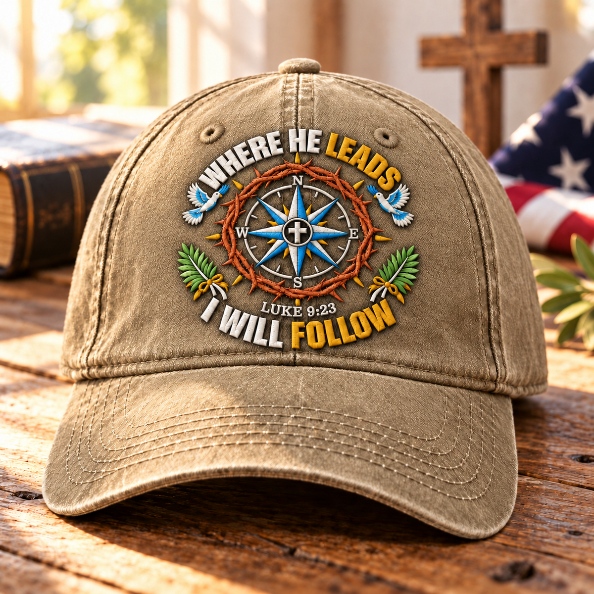 Luke 9:23 Christian Denim Cap, Where He Leads I Will Follow Hat, Jesus Compass Cap, Faith Washed Denim Hat, Christian Gift
