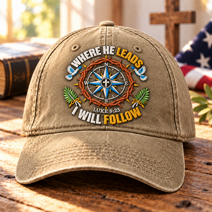 Luke 9:23 Christian Denim Cap, Where He Leads I Will Follow Hat, Jesus Compass Cap, Faith Washed Denim Hat, Christian Gift
