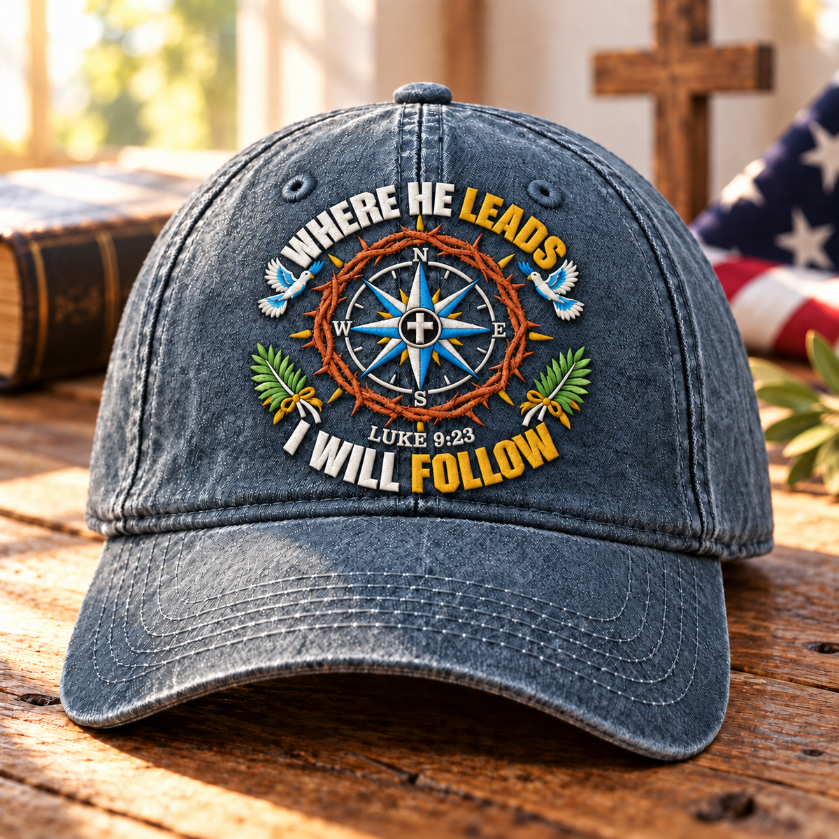 Luke 9:23 Christian Denim Cap, Where He Leads I Will Follow Hat, Jesus Compass Cap, Faith Washed Denim Hat, Christian Gift