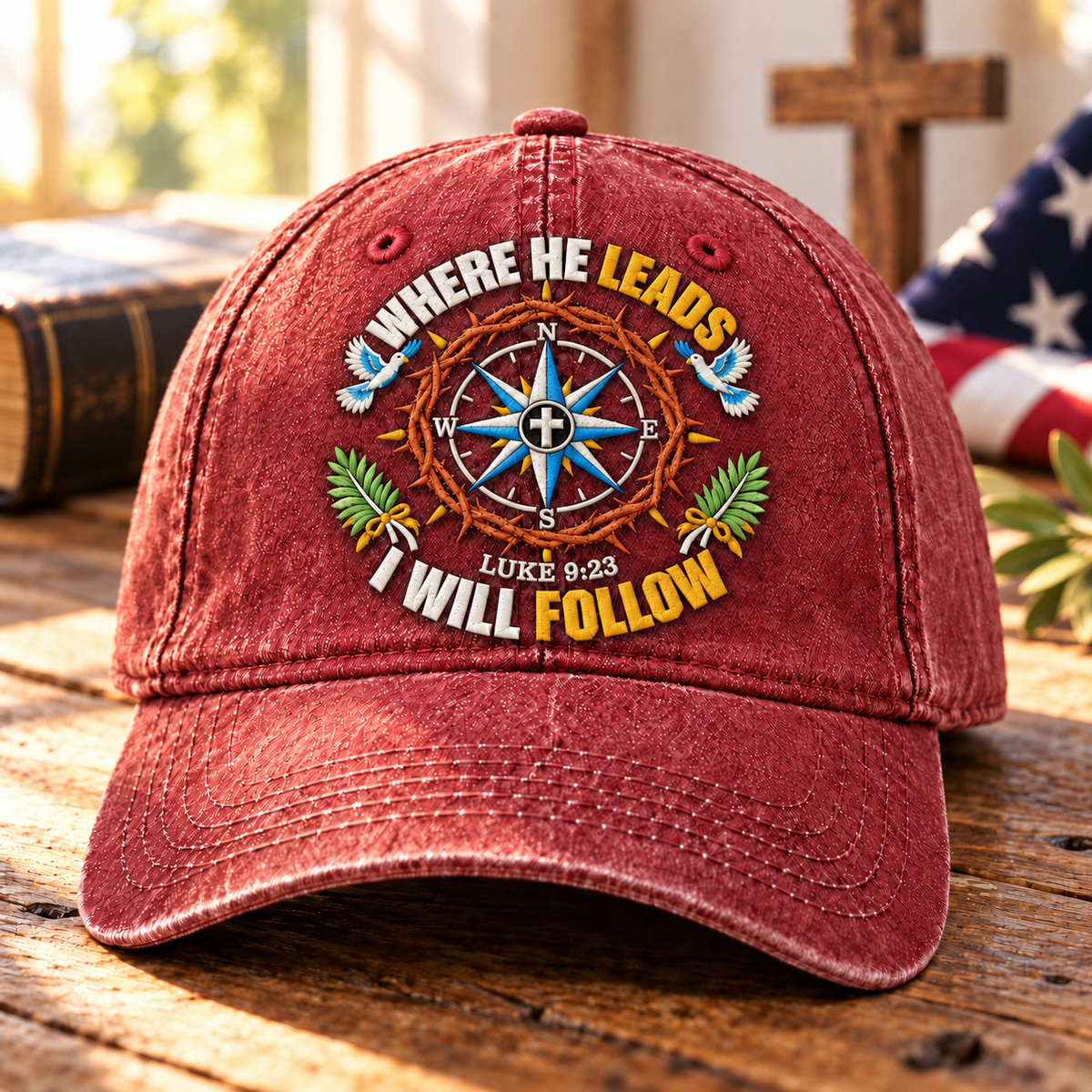 Luke 9:23 Christian Denim Cap, Where He Leads I Will Follow Hat, Jesus Compass Cap, Faith Washed Denim Hat, Christian Gift
