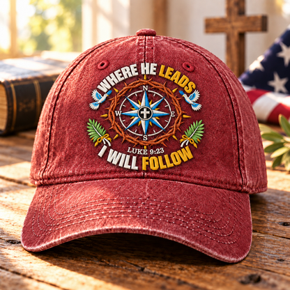 Luke 9:23 Christian Denim Cap, Where He Leads I Will Follow Hat, Jesus Compass Cap, Faith Washed Denim Hat, Christian Gift