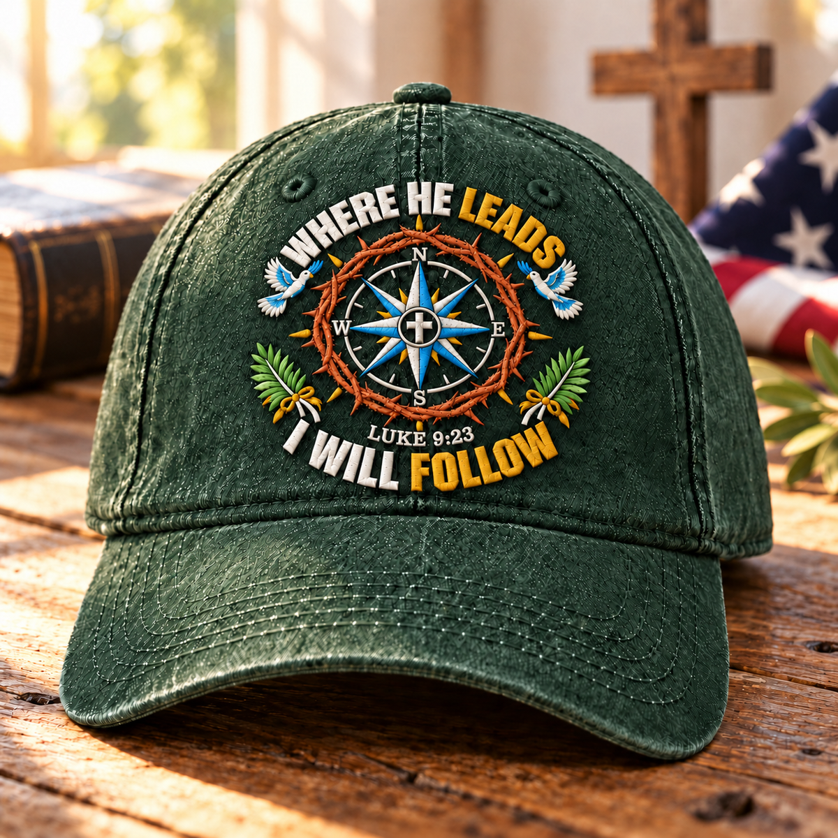 Luke 9:23 Christian Denim Cap, Where He Leads I Will Follow Hat, Jesus Compass Cap, Faith Washed Denim Hat, Christian Gift