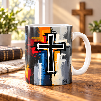 Abstract Cross Christian Mug, Modern Jesus Cross Coffee Cup, Colorful Faith Mug, Contemporary Christian Art, Religious Gift