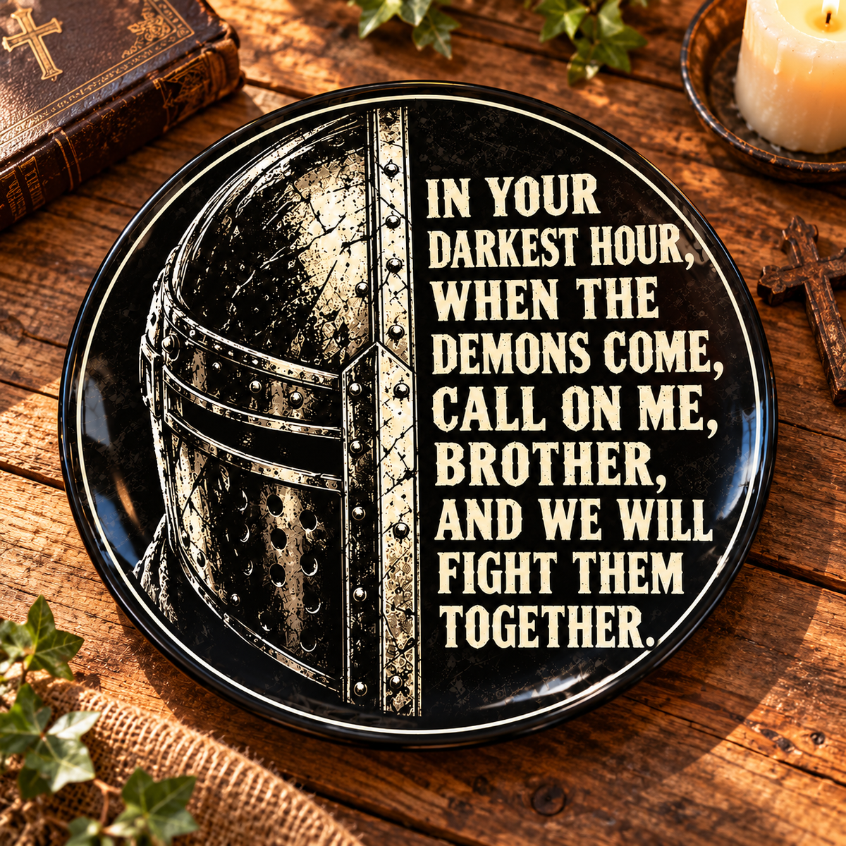 Brother in Arms Decorative Plate, Medieval Knight Christian Plate, Fight Demons Together Quote, Faith Warrior Gift for Men