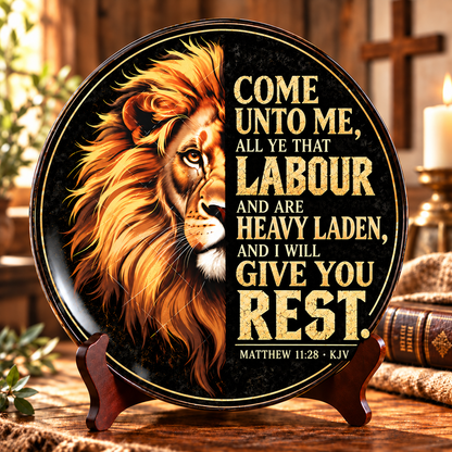 Matthew 11:28 Christian Decorative Plate, Come Unto Me Bible Verse Plate, Lion of Judah Faith Decor, Christian Gift for Men