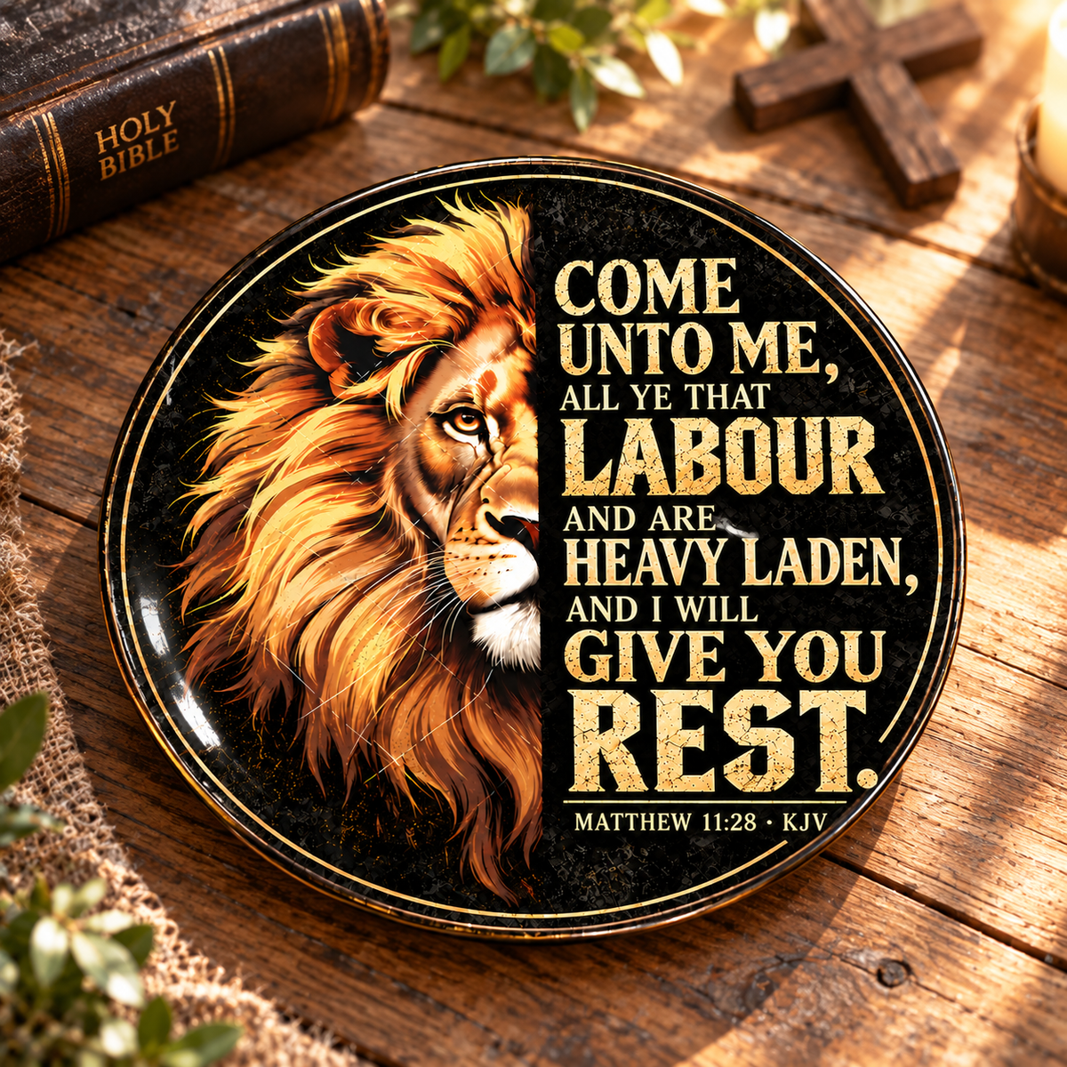 Matthew 11:28 Christian Decorative Plate, Come Unto Me Bible Verse Plate, Lion of Judah Faith Decor, Christian Gift for Men