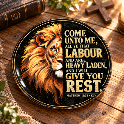 Matthew 11:28 Christian Decorative Plate, Come Unto Me Bible Verse Plate, Lion of Judah Faith Decor, Christian Gift for Men