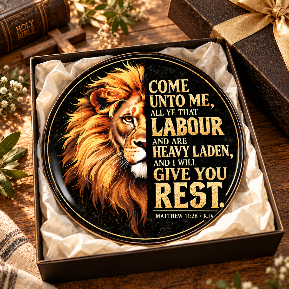 Matthew 11:28 Christian Decorative Plate, Come Unto Me Bible Verse Plate, Lion of Judah Faith Decor, Christian Gift for Men