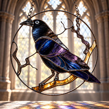 Raven Stained Glass Suncatcher, Gothic Crow Window Hanging, Purple Black Bird Ornament, Witchy Raven Decor, Gothic Gift