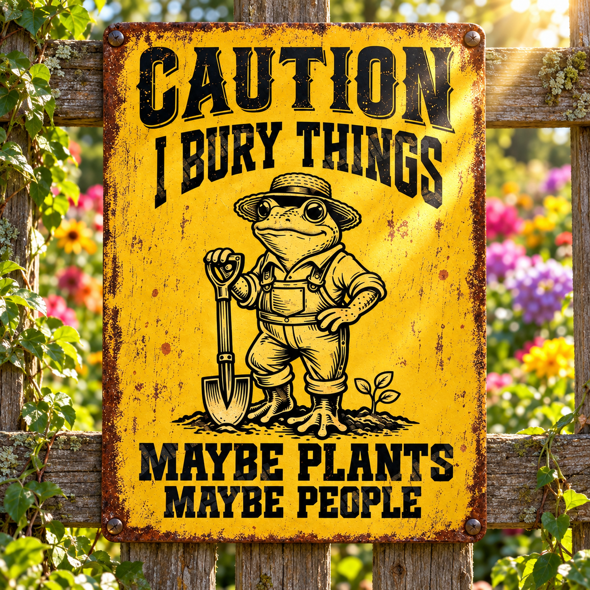 Funny Frog Rectangle Metal Sign, Caution I Bury Things Garden Sign, Maybe Plants Maybe People, Gardening Humor Outdoor Decor