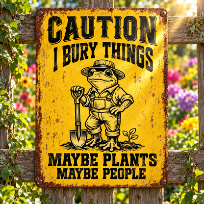 Funny Frog Rectangle Metal Sign, Caution I Bury Things Garden Sign, Maybe Plants Maybe People, Gardening Humor Outdoor Decor