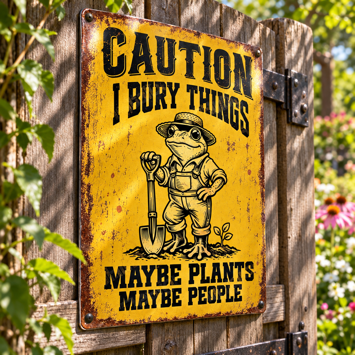 Funny Frog Rectangle Metal Sign, Caution I Bury Things Garden Sign, Maybe Plants Maybe People, Gardening Humor Outdoor Decor