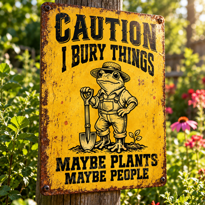 Funny Frog Rectangle Metal Sign, Caution I Bury Things Garden Sign, Maybe Plants Maybe People, Gardening Humor Outdoor Decor