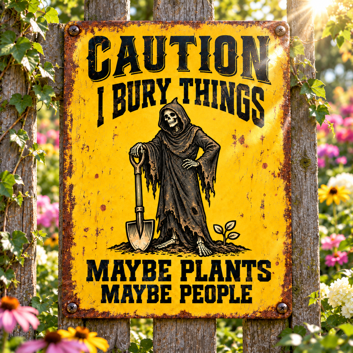 Funny Skeleton Garden Metal Sign, Caution I Bury Things Maybe Plants Maybe People, Dark Humor Gardener Sign, Gothic Yard Decor
