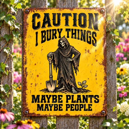Funny Skeleton Garden Metal Sign, Caution I Bury Things Maybe Plants Maybe People, Dark Humor Gardener Sign, Gothic Yard Decor