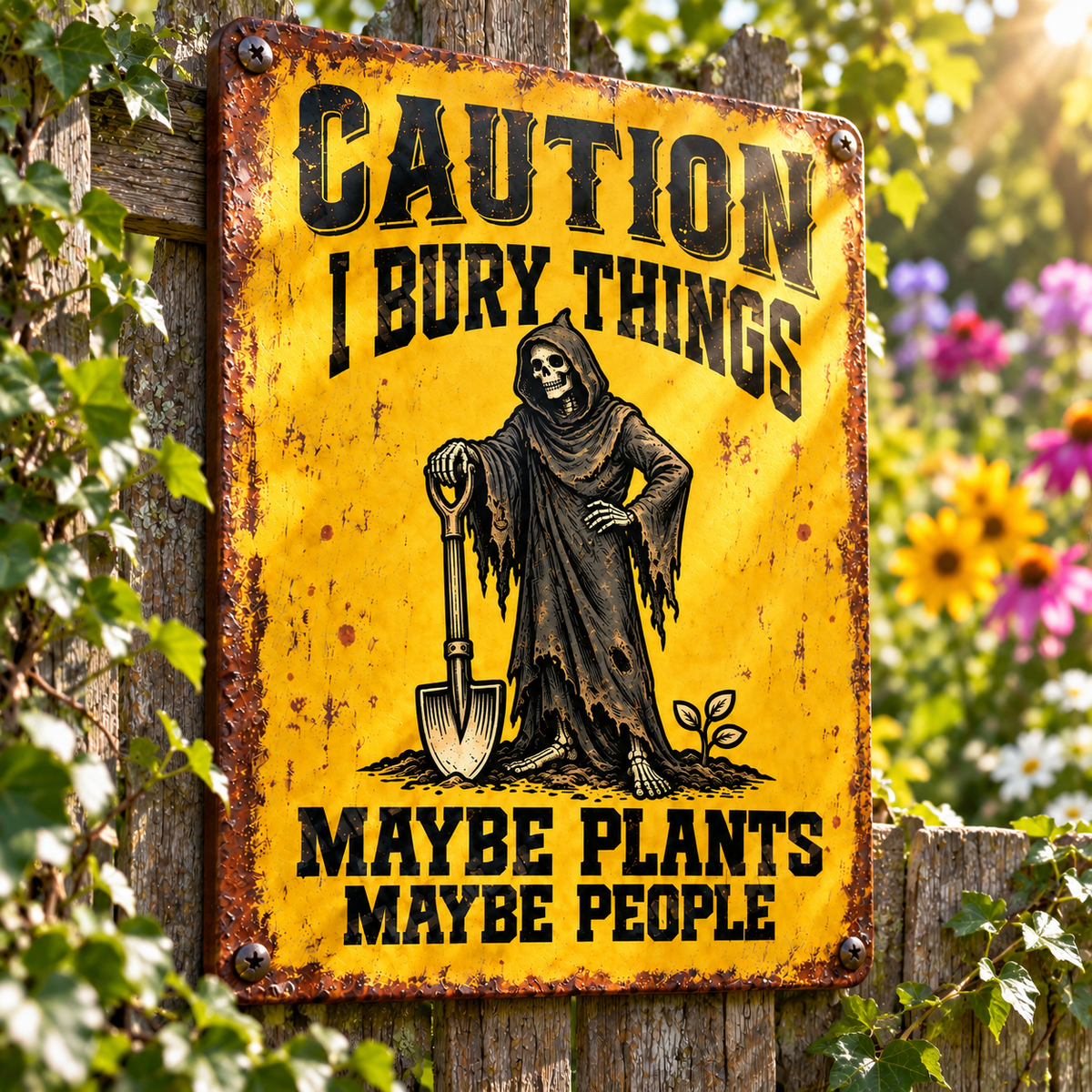 Funny Skeleton Garden Metal Sign, Caution I Bury Things Maybe Plants Maybe People, Dark Humor Gardener Sign, Gothic Yard Decor