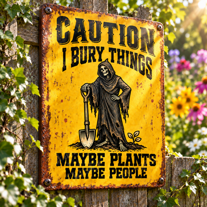 Funny Skeleton Garden Metal Sign, Caution I Bury Things Maybe Plants Maybe People, Dark Humor Gardener Sign, Gothic Yard Decor