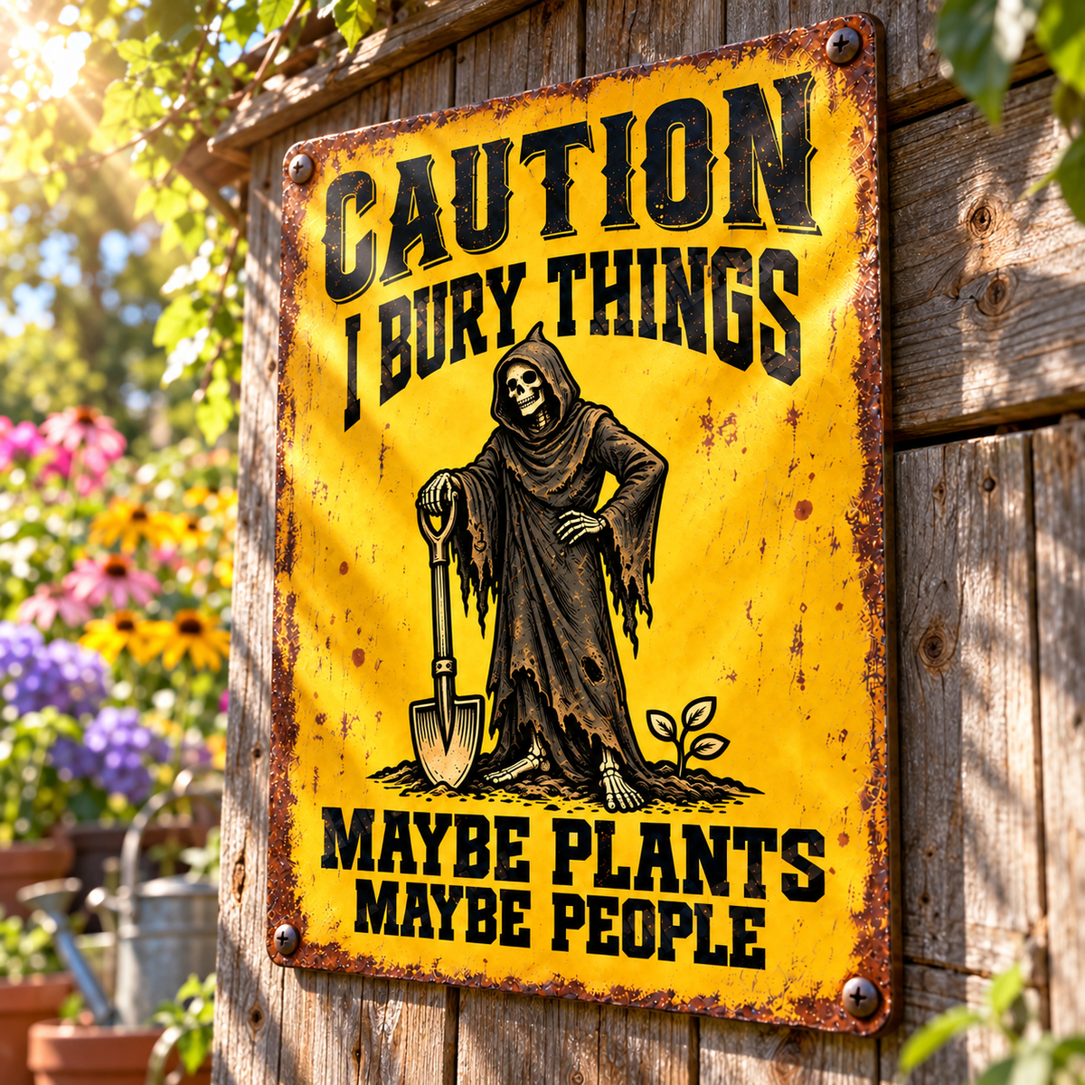 Funny Skeleton Garden Metal Sign, Caution I Bury Things Maybe Plants Maybe People, Dark Humor Gardener Sign, Gothic Yard Decor