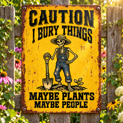 Funny Gardening Metal Sign, Caution I Bury Things Maybe Plants Maybe People, Skeleton Gardener Sign, Dark Humor Garden Decor