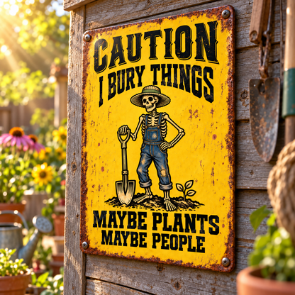 Funny Gardening Metal Sign, Caution I Bury Things Maybe Plants Maybe People, Skeleton Gardener Sign, Dark Humor Garden Decor
