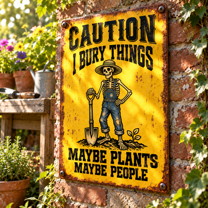 Funny Gardening Metal Sign, Caution I Bury Things Maybe Plants Maybe People, Skeleton Gardener Sign, Dark Humor Garden Decor