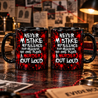 Murder Mystery Mug, Never Mistake My Silence for Weakness Coffee Cup, True Crime Lover Gift, Crime Show Mug, Dark Humor Detective Gift