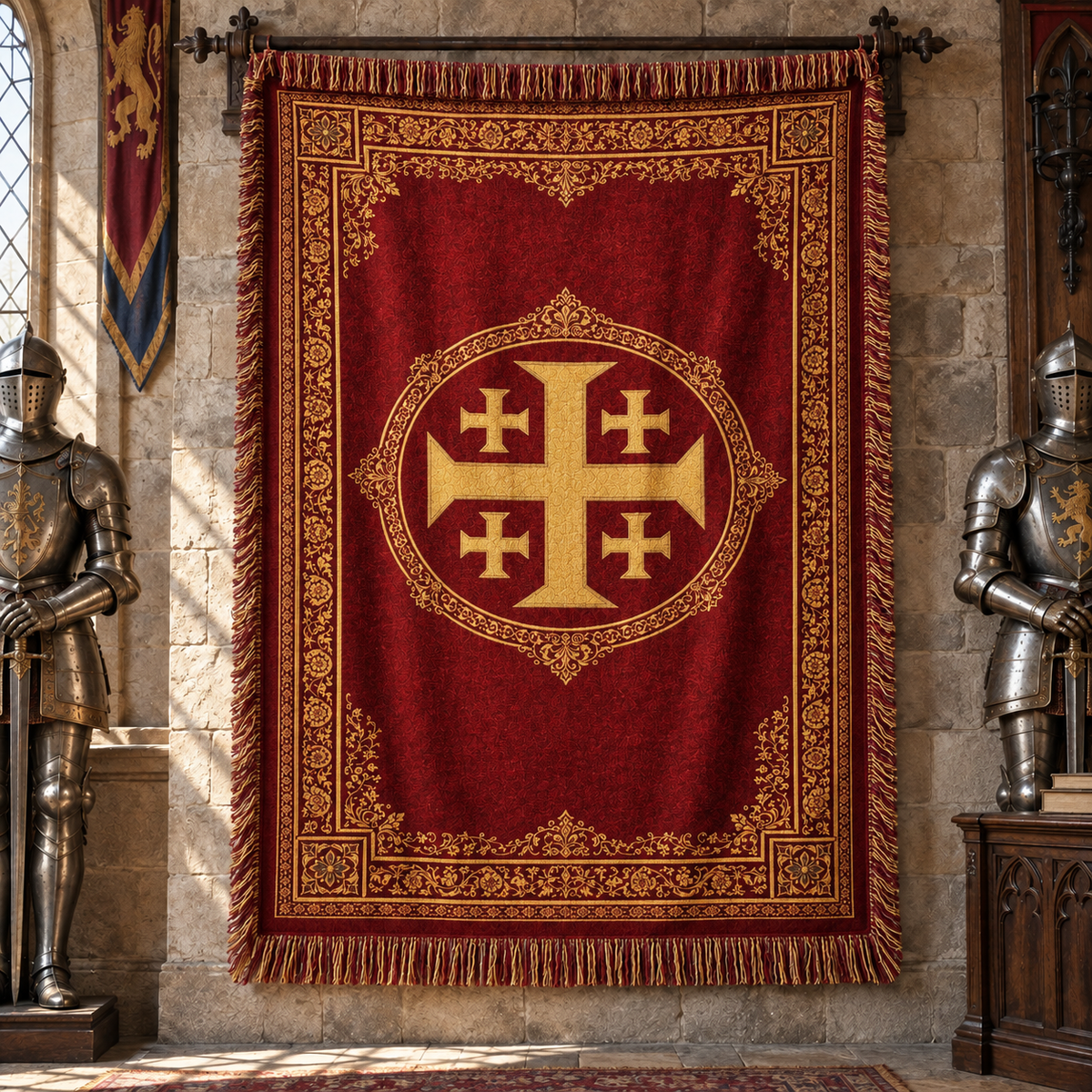 Jerusalem Cross Woven Blanket – Crimson & Gold Medieval Throw, Royal Crimson Jerusalem Cross Tapestry Blanket