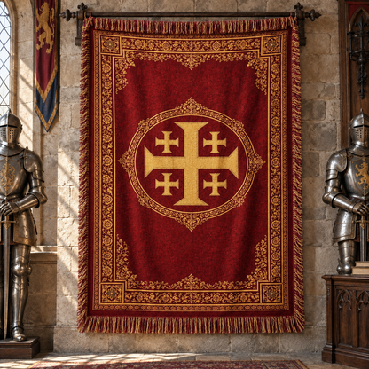 Jerusalem Cross Woven Blanket – Crimson & Gold Medieval Throw, Royal Crimson Jerusalem Cross Tapestry Blanket