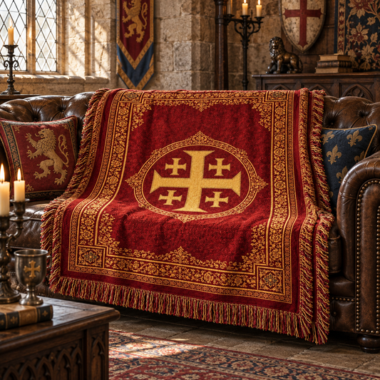 Jerusalem Cross Woven Blanket – Crimson & Gold Medieval Throw, Royal Crimson Jerusalem Cross Tapestry Blanket