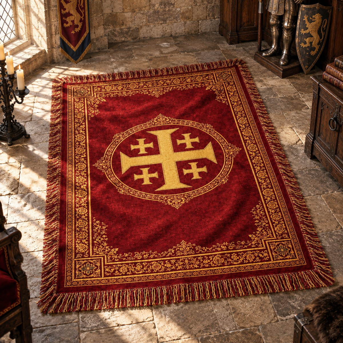 Jerusalem Cross Woven Blanket – Crimson & Gold Medieval Throw, Royal Crimson Jerusalem Cross Tapestry Blanket