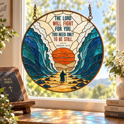 Moses Parting the Red Sea Suncatcher, Exodus 14:14 Bible Verse Stained Glass Decor, Christian Faith Window Hanging, Religious Gift