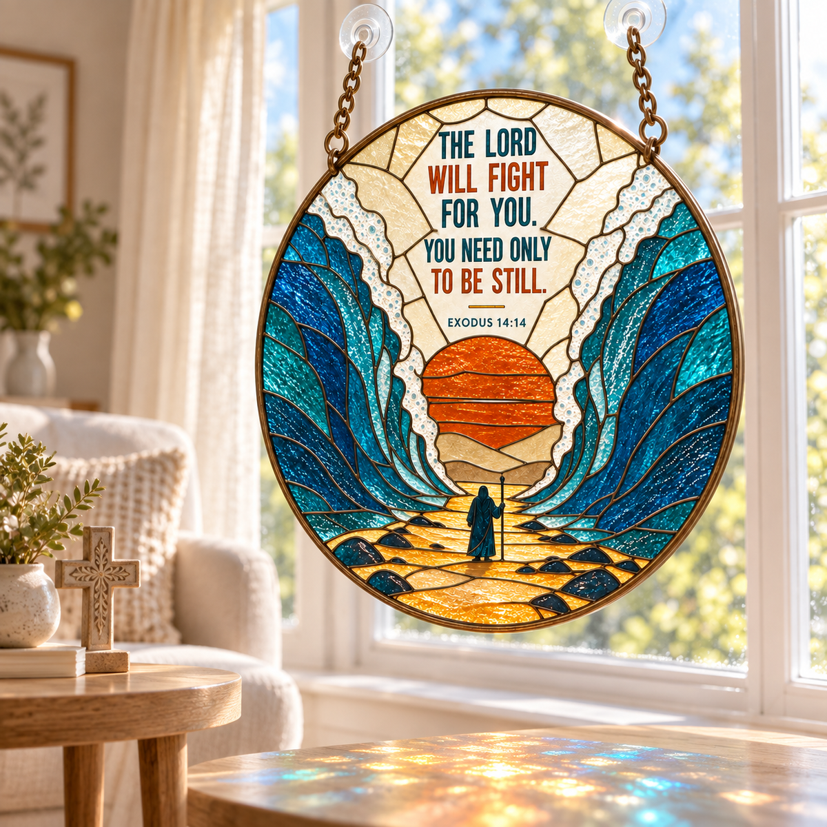 Moses Parting the Red Sea Suncatcher, Exodus 14:14 Bible Verse Stained Glass Decor, Christian Faith Window Hanging, Religious Gift