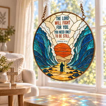 Moses Parting the Red Sea Suncatcher, Exodus 14:14 Bible Verse Stained Glass Decor, Christian Faith Window Hanging, Religious Gift