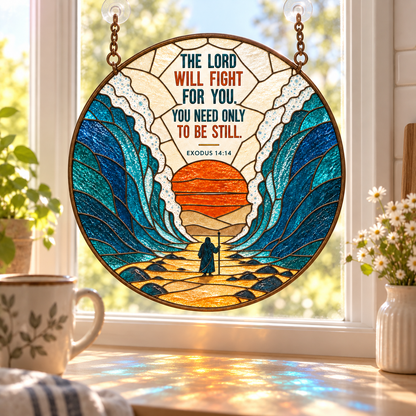 Moses Parting the Red Sea Suncatcher, Exodus 14:14 Bible Verse Stained Glass Decor, Christian Faith Window Hanging, Religious Gift