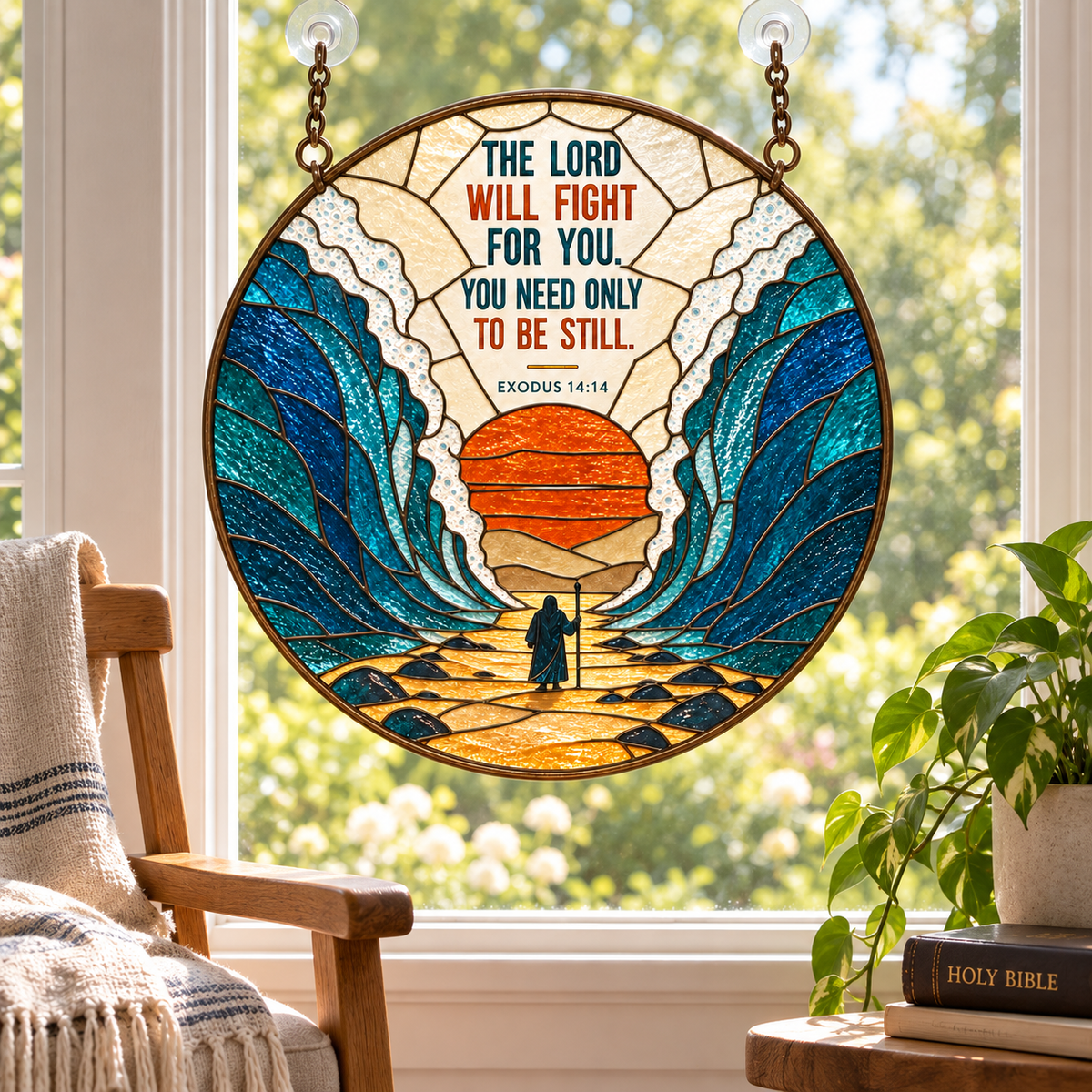 Moses Parting the Red Sea Suncatcher, Exodus 14:14 Bible Verse Stained Glass Decor, Christian Faith Window Hanging, Religious Gift