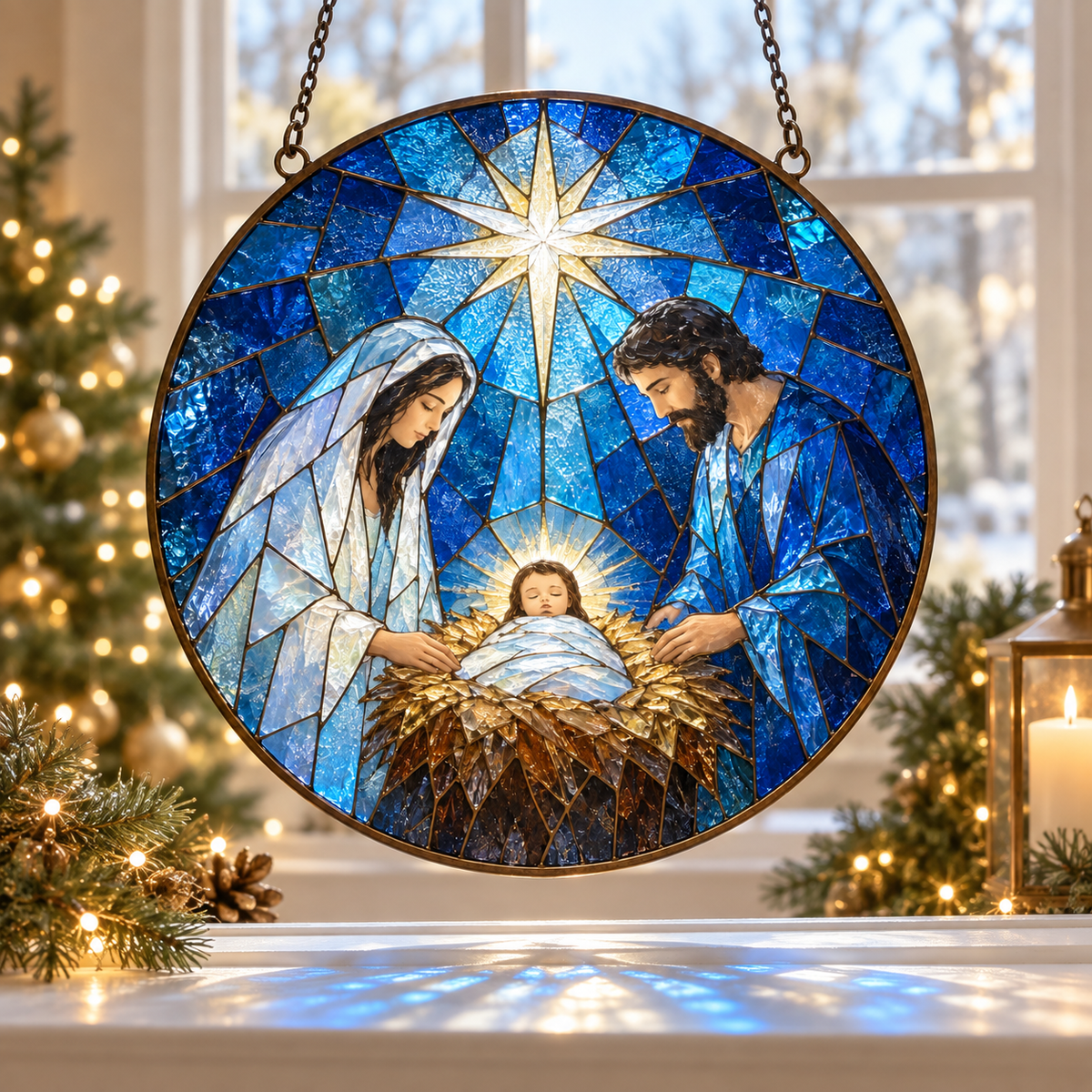 The Nativity Story Stained Glass Suncatcher, Holy Family with Baby Jesus Window Hanging, Christian Christmas Decor, Religious Gift