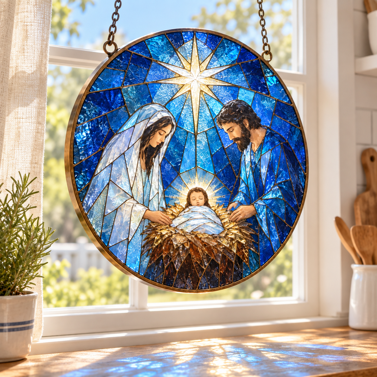 The Nativity Story Stained Glass Suncatcher, Holy Family with Baby Jesus Window Hanging, Christian Christmas Decor, Religious Gift