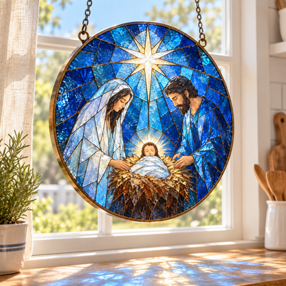 The Nativity Story Stained Glass Suncatcher, Holy Family with Baby Jesus Window Hanging, Christian Christmas Decor, Religious Gift