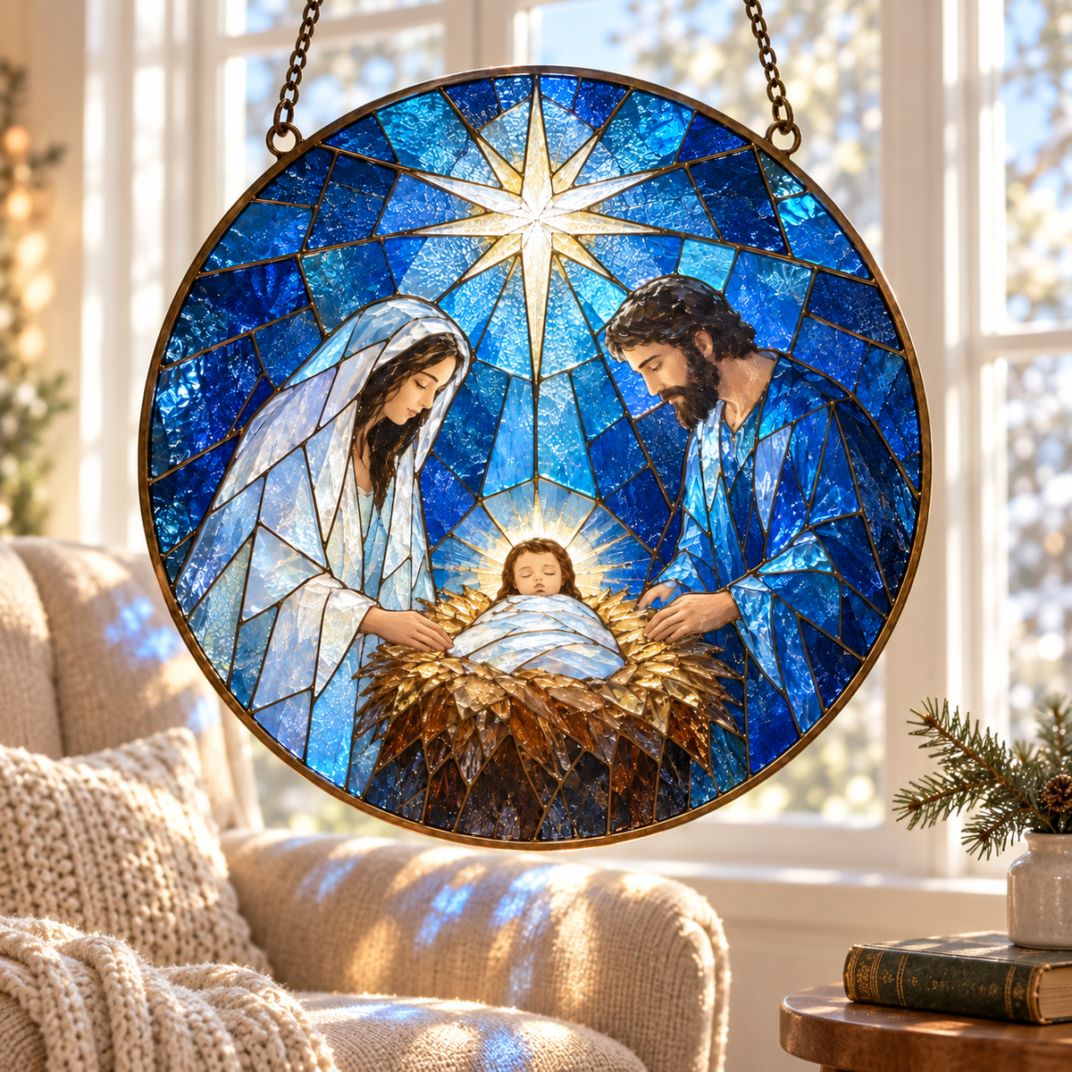 The Nativity Story Stained Glass Suncatcher, Holy Family with Baby Jesus Window Hanging, Christian Christmas Decor, Religious Gift