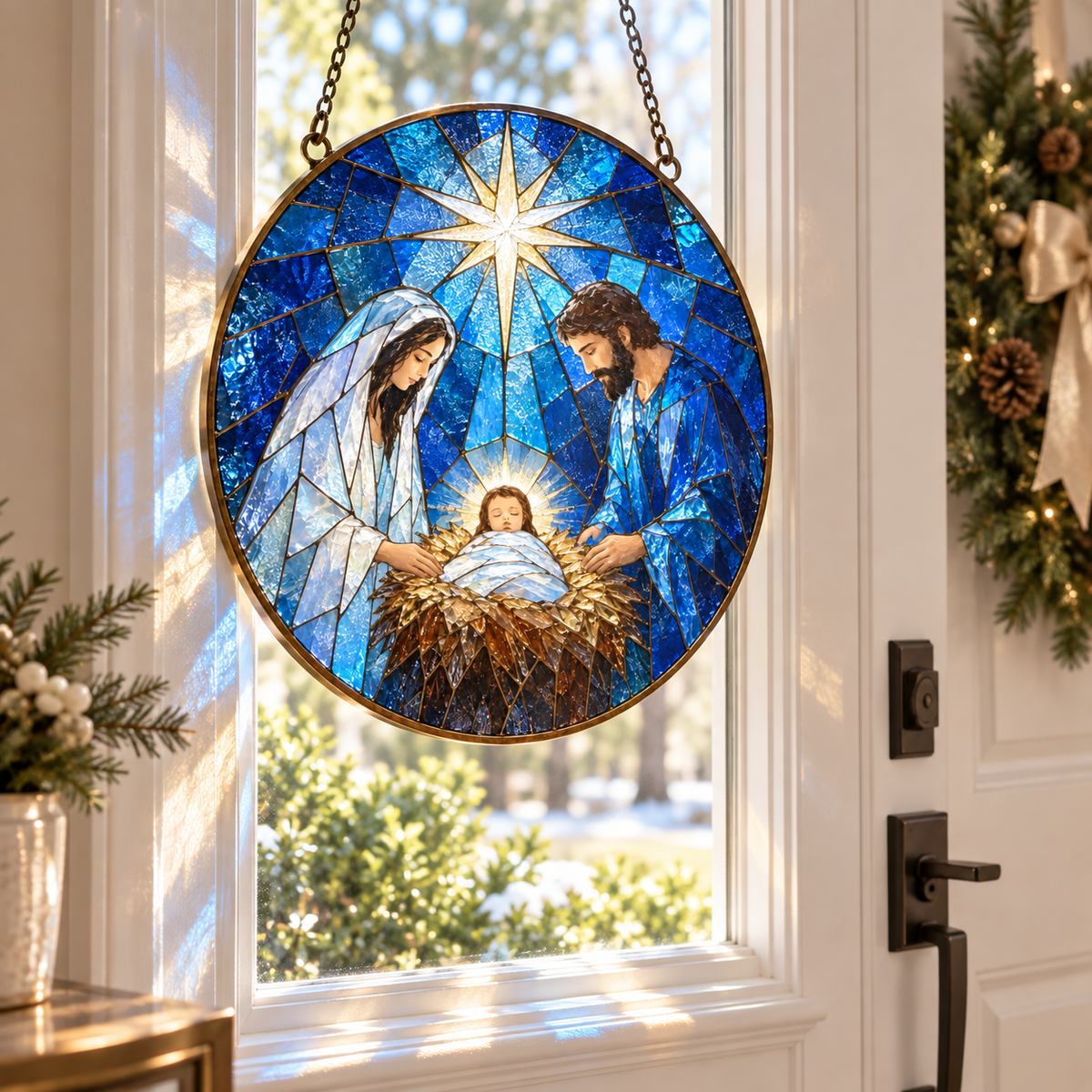 The Nativity Story Stained Glass Suncatcher, Holy Family with Baby Jesus Window Hanging, Christian Christmas Decor, Religious Gift