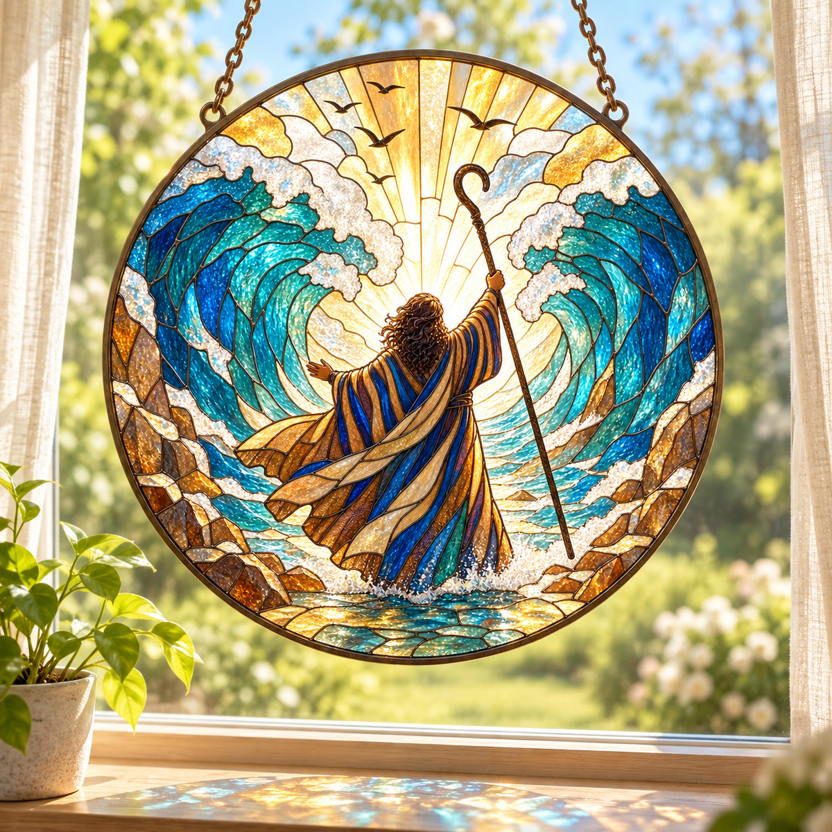 Moses Parting the Red Sea Stained Glass Suncatcher, Biblical Exodus Window Hanging, Christian Faith Decor, Religious Gift for Bible Lovers