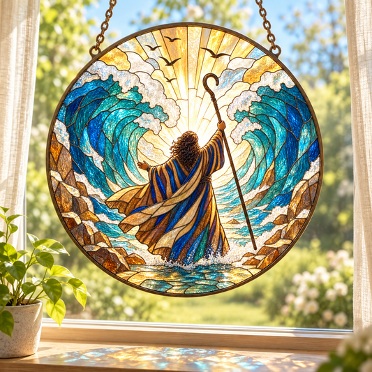 Moses Parting the Red Sea Stained Glass Suncatcher, Biblical Exodus Window Hanging, Christian Faith Decor, Religious Gift for Bible Lovers